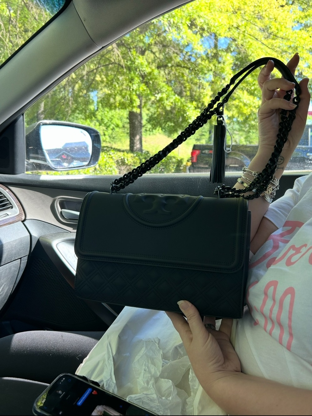 Tory Burch Matte Black Quilted Chain Shoulder Bag with Tassel